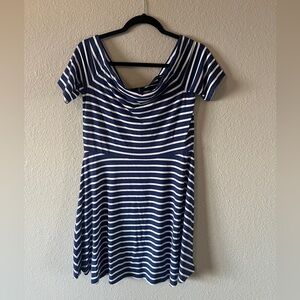 WHBM Blue and White Striped Dress Medium Off Shoulder